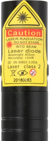 Puntatore laser rosso compatto R2 Pro – primo piano dell’etichetta di avvertenza con la classe laser