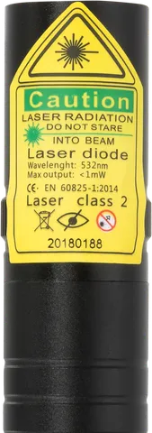 Puntatore laser verde compatto G2 Pro – primo piano dell’etichetta di avvertenza con la classe laser