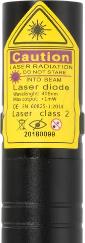 Puntatore laser viola compatto V2 Pro – primo piano dell’etichetta di avvertenza con la classe laser