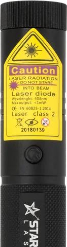 Puntatore laser viola V1 Pro ricaricabile – primo piano dell’etichetta di avvertenza con la classe laser