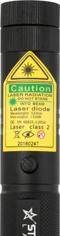 Puntatore laser verde G1 Pro – primo piano dell’etichetta di avvertenza con la classe laser